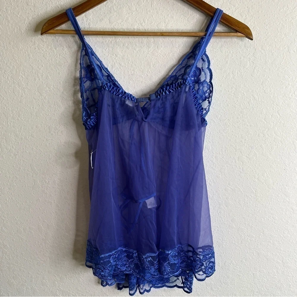 Fredericks of Hollywood Babydoll Thong Set Lace Nylon Blueberry Delight NWT